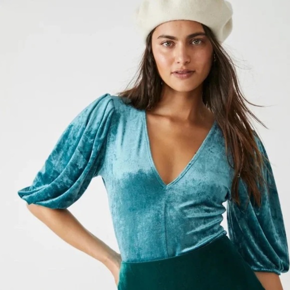 13. ✨Free People NWT Don’t You Wish Velvet Bodysuit In Deep Teal Size XS - Picture 3 of 7